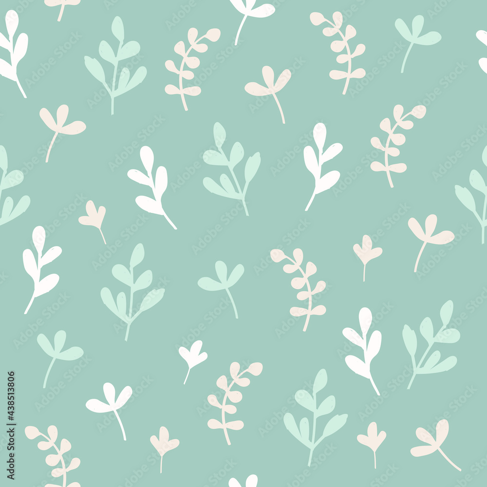 Seamless leaves pattern. Small branches on green background. Vector illustration