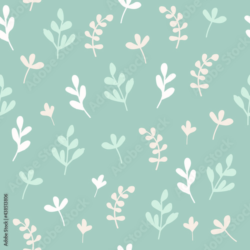 Seamless leaves pattern. Small branches on green background. Vector illustration