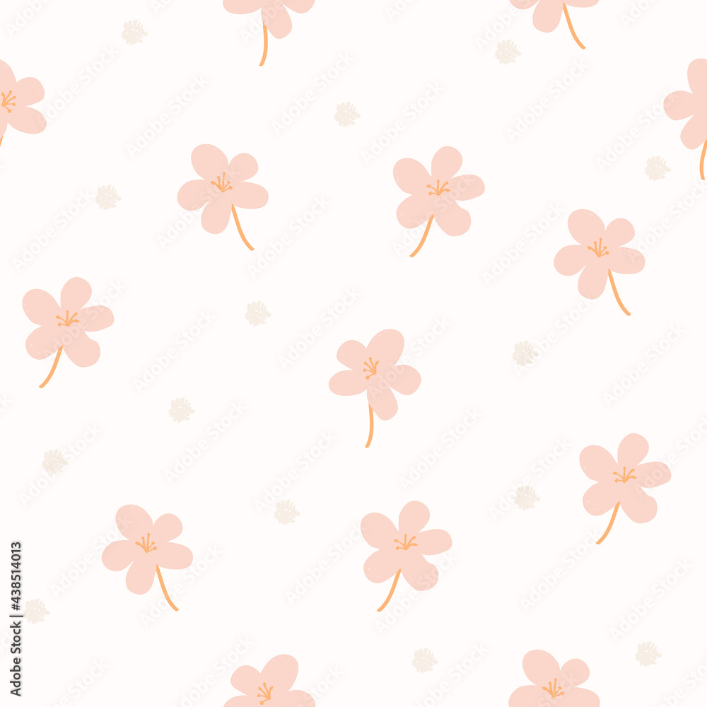 Obraz premium Delicate floral background. Small pink flowers and dots on a white background.