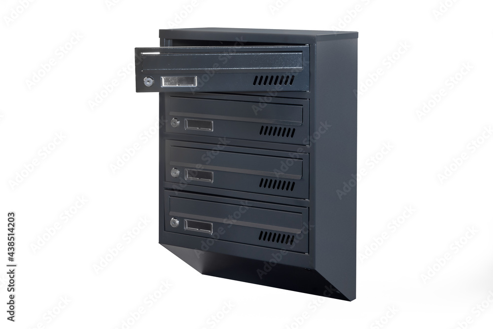 Deep blue or gray mailboxes on the white background isolated. Mail box for entrance of apartment house. Metal mailbox Deep blue or gray mailboxes on the white background isolated. Mail box for entrance of apartment house. Metal mailbox