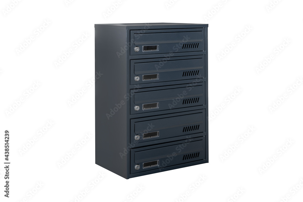Deep blue or gray mailboxes on the white background isolated. Mail box for entrance of apartment house. Metal mailbox Deep blue or gray mailboxes on the white background isolated. Mail box for entrance of apartment house. Metal mailbox