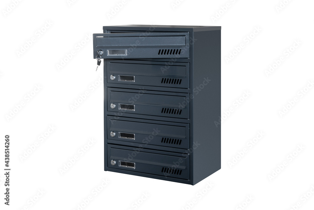 Deep blue or gray mailboxes on the white background isolated. Mail box for entrance of apartment house. Metal mailbox Deep blue or gray mailboxes on the white background isolated. Mail box for entrance of apartment house. Metal mailbox