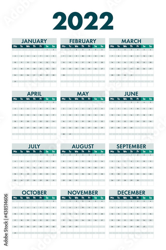 Calendar 2022. Planner 2022 year. Calendar design template. English calender. Сolor vector. Week starts on Sunday.