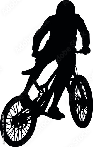 MTB downhill, enduro cross mountain biker doing an extreme jump on a mountain bike. MTB dh downhill mountain bike with helmet and protectors safety equipment. Vector illustration realistic silhouette