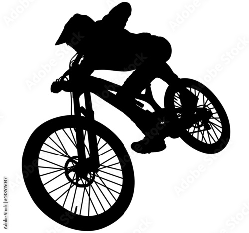 MTB downhill, enduro cross mountain biker doing an extreme jump on a mountain bike. MTB dh downhill mountain bike with helmet and protectors safety equipment. Vector illustration realistic silhouette photo