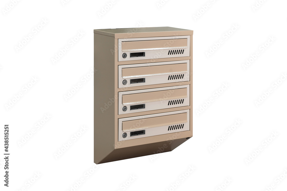 Beige ecru khaki color mailboxes on the white background isolated. Mail box for entrance of apartment house. Metal mailbox Beige ecru khaki color mailboxes on the white background isolated. Mail box for entrance of apartment house. Metal mailbox