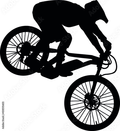 MTB downhill, enduro cross mountain biker doing an extreme jump on a mountain bike. MTB dh downhill mountain bike with helmet and protectors safety equipment. Vector illustration realistic silhouette