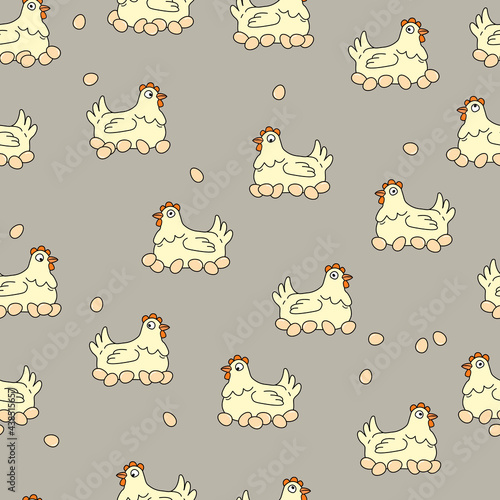 Hens lay eggs seamless pattern.Cute cartoon vector illustration with funny happy hens. Can be used for home design, textile, farming business,wrapping paper, paper napkins.