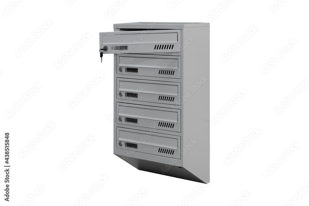 Gray mailboxes on the white background isolated. Mail box for entrance of apartment house. Metal mailbox Gray mailboxes on the white background isolated. Mail box for entrance of apartment house. Metal mailbox