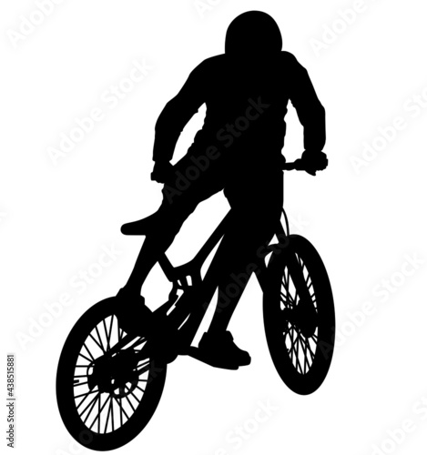 MTB downhill, enduro cross mountain biker doing an extreme jump on a mountain bike. MTB dh downhill mountain bike with helmet and protectors safety equipment. Vector illustration realistic silhouette