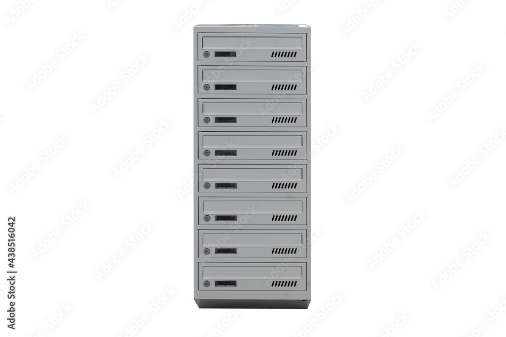 Gray mailboxes on the white background isolated. Mail box for entrance of apartment house. Metal mailbox Gray mailboxes on the white background isolated. Mail box for entrance of apartment house. Metal mailbox