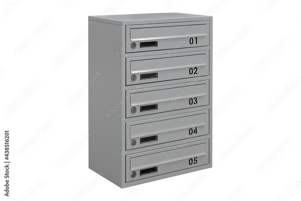 Gray mailboxes on the white background isolated. Mail box for entrance of apartment house. Metal mailbox Gray mailboxes on the white background isolated. Mail box for entrance of apartment house. Metal mailbox