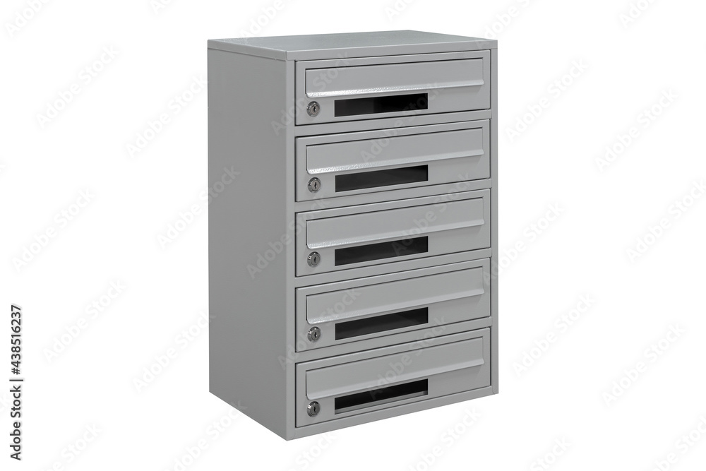 Gray mailboxes on the white background isolated. Mail box for entrance of apartment house. Metal mailbox Gray mailboxes on the white background isolated. Mail box for entrance of apartment house. Metal mailbox
