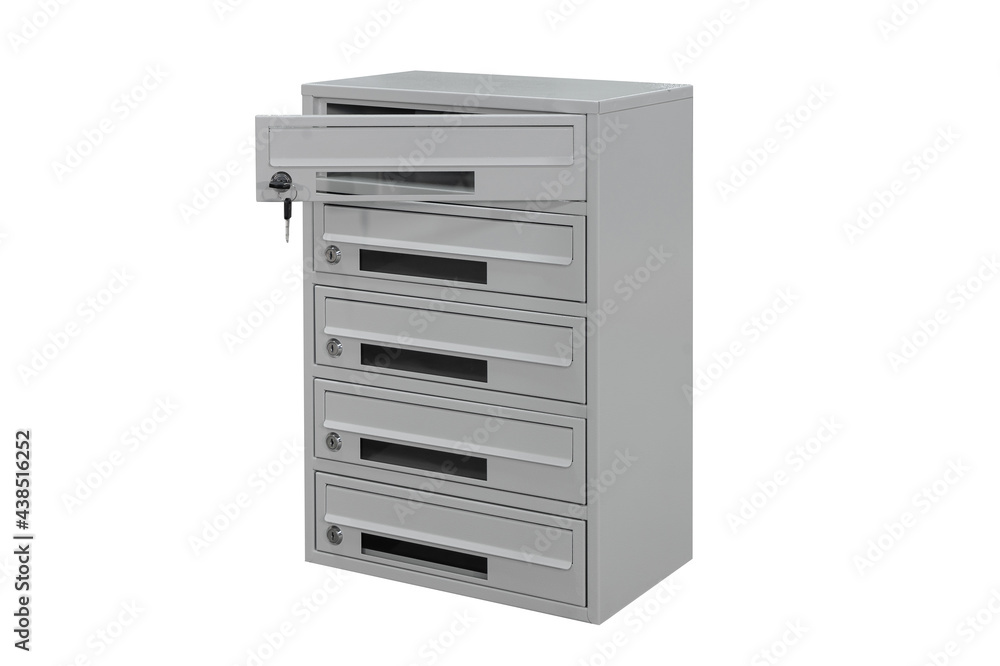 Gray mailboxes on the white background isolated. Mail box for entrance of apartment house. Metal mailbox Gray mailboxes on the white background isolated. Mail box for entrance of apartment house. Metal mailbox