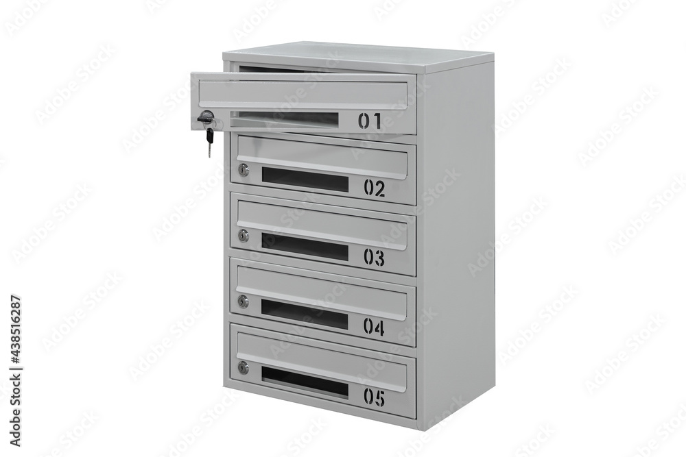 Gray mailboxes on the white background isolated. Mail box for entrance of apartment house. Metal mailbox Gray mailboxes on the white background isolated. Mail box for entrance of apartment house. Metal mailbox