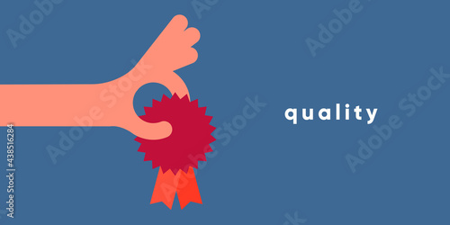 Presentation of the quality label. Simple vector flat illustration. Background for social media, poster, banner.