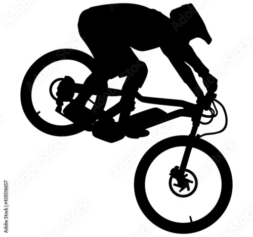 MTB downhill, enduro cross mountain biker doing an extreme jump on a mountain bike. MTB dh downhill mountain bike with helmet and protectors safety equipment. Vector illustration realistic silhouette