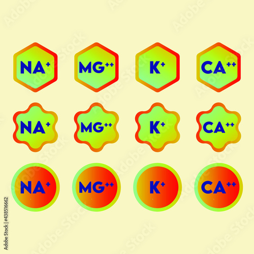 Set of ion and electrolyte modern icons - Calcium, Sodium, Magnesium, Potassium symbols for Mineral product, diatary supplement, mineralized water, health care and education
