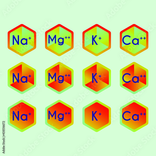Set of ion and electrolyte modern icons - Calcium, Sodium, Magnesium, Potassium symbols for Mineral product, diatary supplement, mineralized water, health care and education