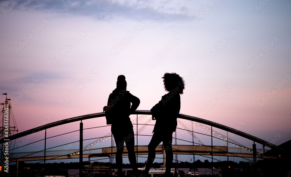 silhouette of people on the bridge in the evening