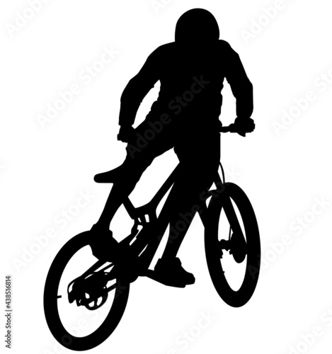 MTB downhill, enduro cross mountain biker doing an extreme jump on a mountain bike. MTB dh downhill mountain bike with helmet and protectors safety equipment. Vector illustration realistic silhouette