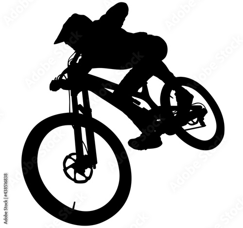 MTB downhill, enduro cross mountain biker doing an extreme jump on a mountain bike. MTB dh downhill mountain bike with helmet and protectors safety equipment. Vector illustration realistic silhouette