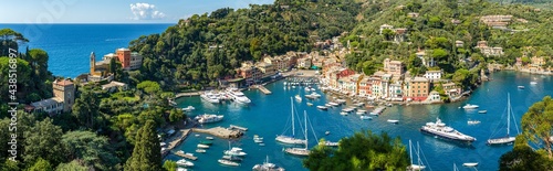 Panoramic view of Portofino in summer, Genoa, Italy