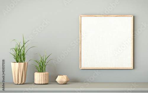 Fototapeta Naklejka Na Ścianę i Meble -  Mock up blank wooden picture frame with three vases 3D
