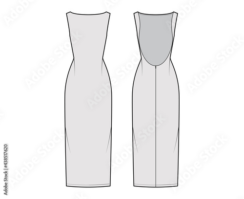 Dress backless technical fashion illustration with fitted body, floor maxi length pencil skirt, boat neckline. Flat evening apparel front, back, grey color style. Women, men unisex CAD mockup