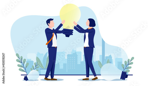 Businessman and businesswoman brainstorming and coming up with great idea. Vector illustration with white background.