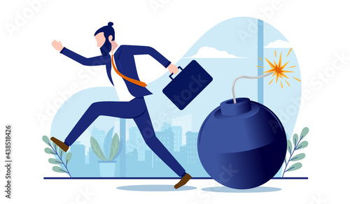 Running away from problem - Scared businessman running away from bomb about to blow up. Business trouble and threat concept. Vector illustration with white background
