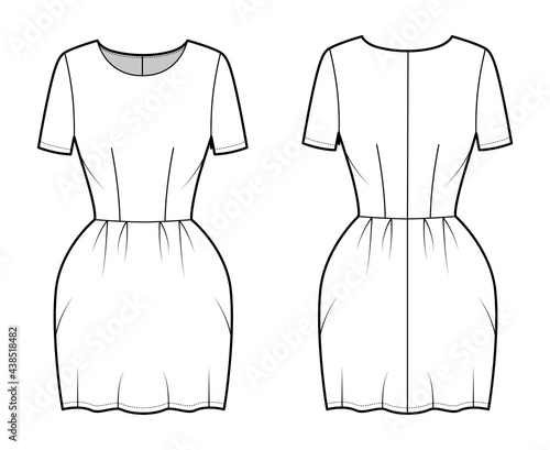 Dress bell technical fashion illustration with short sleeves, fitted body, mini length pencil skirt. Flat apparel front, back, white color style. Women, men unisex CAD mockup