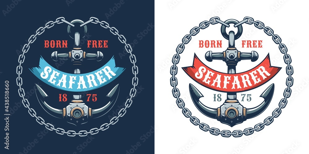 Anchor retro logo with chain and ribbon. Seafarer vintage emblem with anchor. Vector illustaration.