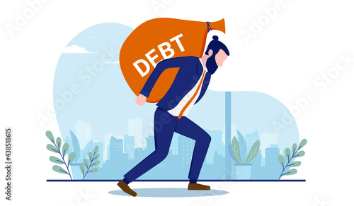 Business debt - Businessman carrying a big bag on his back having financial problems. Bad finance concept. Vector illustration with white background.