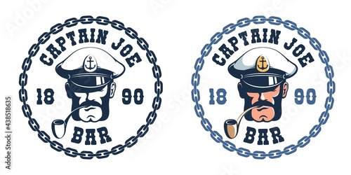 Sea captain retro logo template. Sea Bar vintage emblem - Captain head with pipe. Vector illustration.