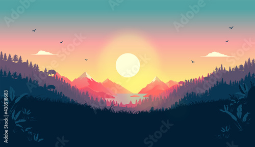 Beautiful vector landscape with sunrise - Early morning in nature with colourful view to mountains, forest, sun and red sky. © Knut