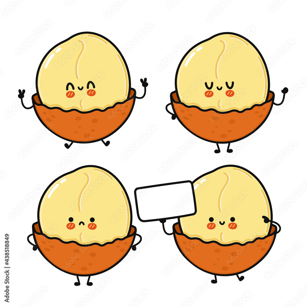 Funny cute happy macadamia characters bundle set. Vector kawaii line cartoon style illustration. Cute macadamia mascot character collection Funny cute happy macadamia characters bundle set. Vector kawaii line cartoon style illustration. Cute macadamia mascot character collection