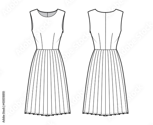 Dress pleated technical fashion illustration with sleeveless  fitted body  knee length skirt. Flat apparel front  back  white color style. Women  men unisex CAD mockup