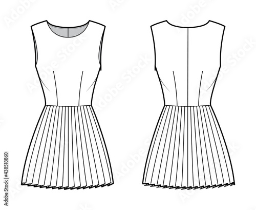 Dress pleated technical fashion illustration with sleeveless, fitted body, mini length skirt. Flat apparel front, back, white color style. Women, men unisex CAD mockup