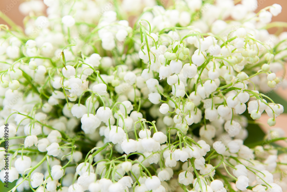 White lily of the valley flowers, beautiful card with bouquet, nature background White lily of the valley flowers, beautiful card with bouquet, nature background