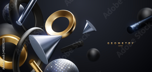 Black and golden geometric shapes backdrop. Abstract elegant background.