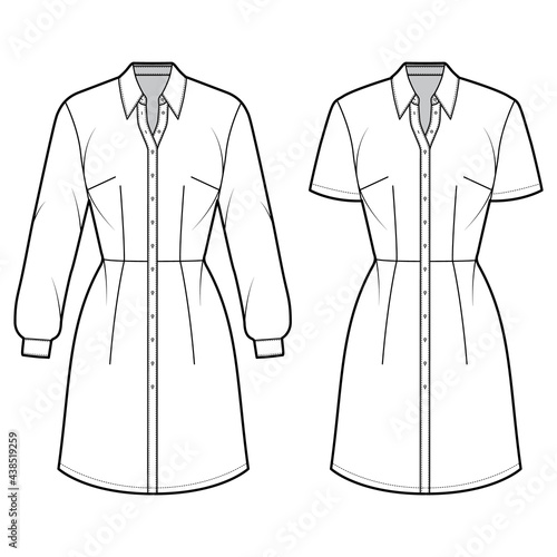 Set of Dresses shirt technical fashion illustration with long short sleeves, fitted body, knee length pencil skirt, classic collar, button closure. Flat apparel front, white color. Women, CAD mockup