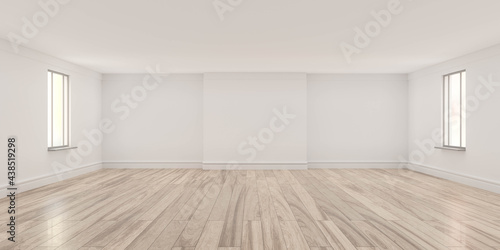 Empty white room with wooden floor studio 3d render illustration