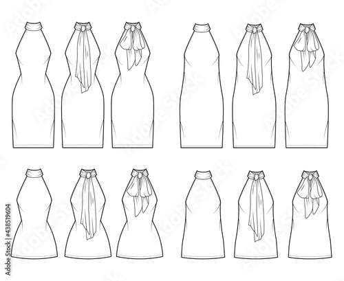 Set of Dresses neck bow technical fashion illustration with high halter neckline, sleeveless, knee mini length pencil skirt. Flat apparel front, back, white color style. Women, men unisex CAD mockup