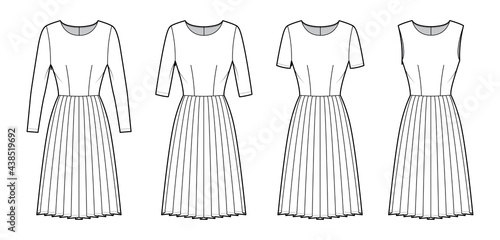 Set of Dresses pleated technical fashion illustration with long elbow short sleeves sleeveless, fitted body, knee length skirt. Flat apparel front, white color style. Women, men unisex CAD mockup