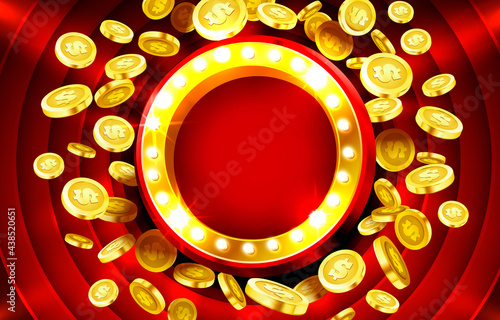 Casino lamp frame with gold realistic 3d coins background. Vector