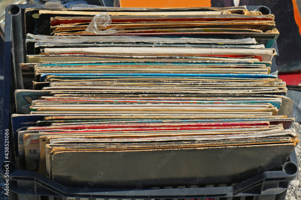 Stack of vinyl records on flea market Stack of vinyl records on flea market