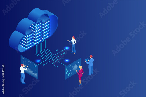 Isometric cloud computing concept represented by a server, with a cloud representation hologram concept. Data center cloud, computer connection, hosting server, database synchronize technology photo