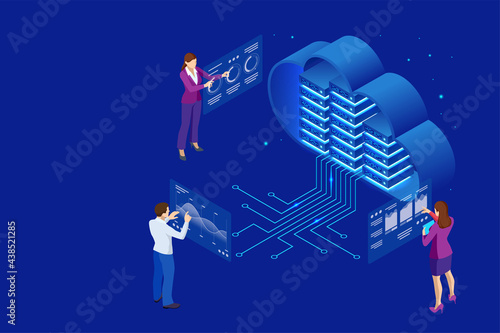 Isometric cloud computing concept represented by a server, with a cloud representation hologram concept. Data center cloud, computer connection, hosting server, database synchronize technology