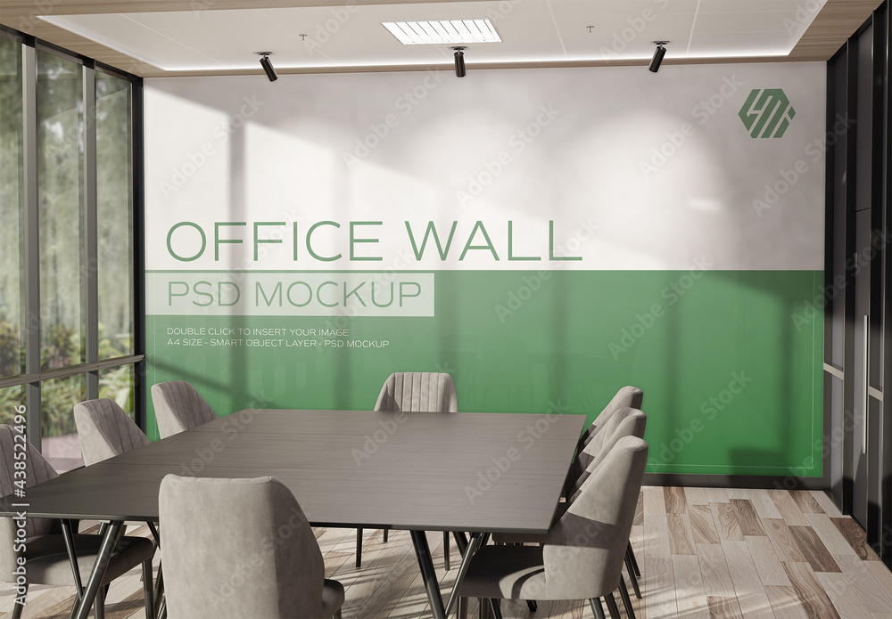 Wall Mural Mockup in Sunny Workplace Office Interior Stock Template